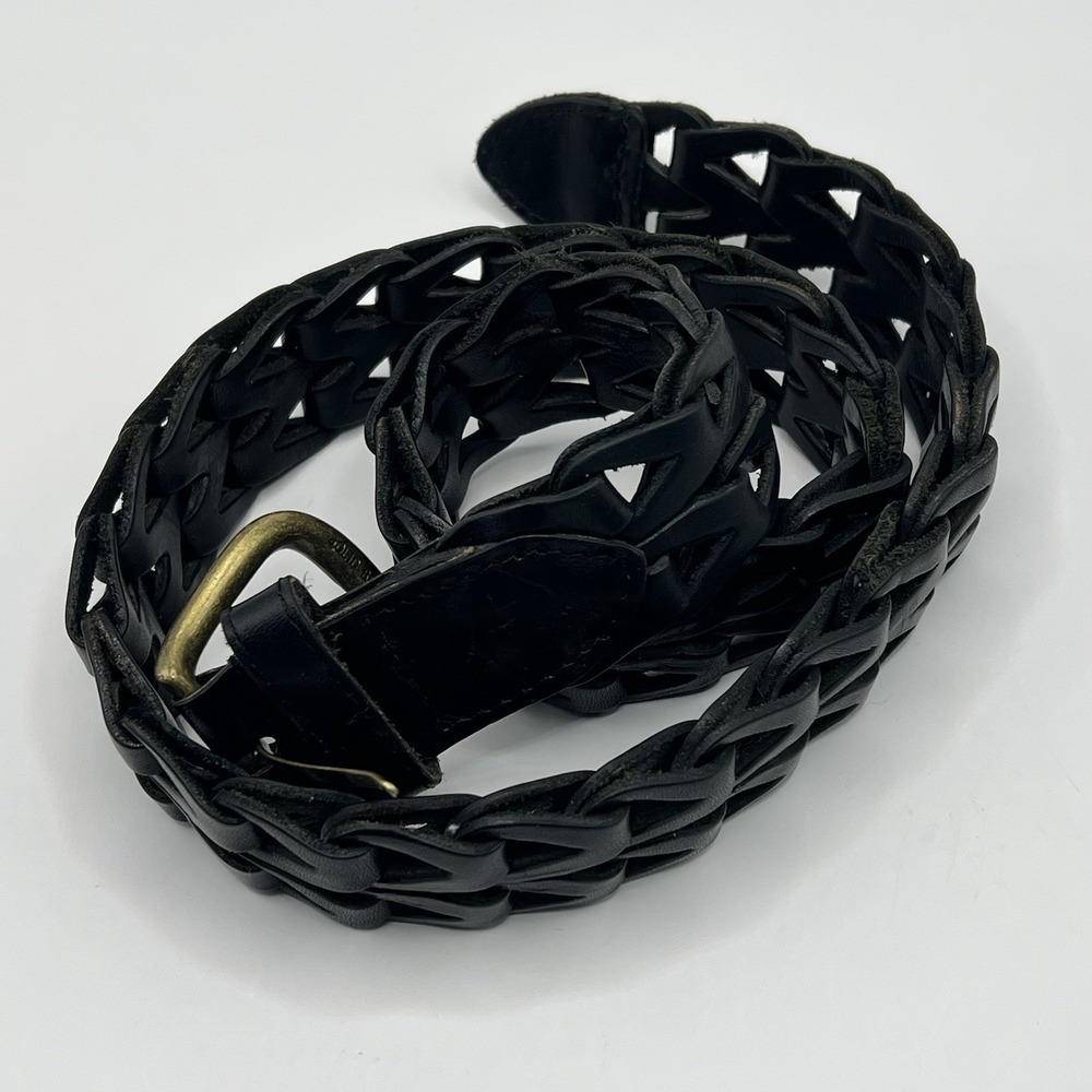 Ladder Weave Woven Leather Belt Solid Brass Buckle‎ Women's Small Black Boho
